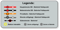 Legende: Hauptstrecke DB - Bahnhof Haltepunkt Nebenstrecke DB - Bahnhof Haltepunkt Privatbahn - Bahnhof Haltepunkt Zeche stillgelegt Zeche in Betrieb Strecke stillgelegt - Bahnhof Haltepunkt  Station interaktiv Güterstrecke - Bahnhof