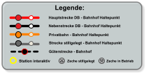 Legende: Hauptstrecke DB - Bahnhof Haltepunkt Nebenstrecke DB - Bahnhof Haltepunkt Privatbahn - Bahnhof Haltepunkt Zeche stillgelegt Zeche in Betrieb Strecke stillgelegt - Bahnhof Haltepunkt  Station interaktiv Güterstrecke - Bahnhof